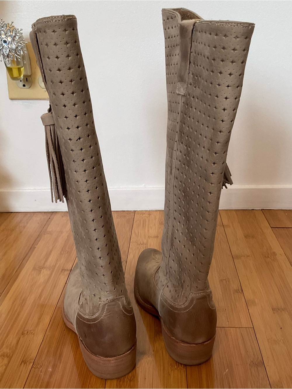 Miss Sixty Taupe Perforated Over-the-Knee Suede Boots with Tassel - Picture 7 of 16